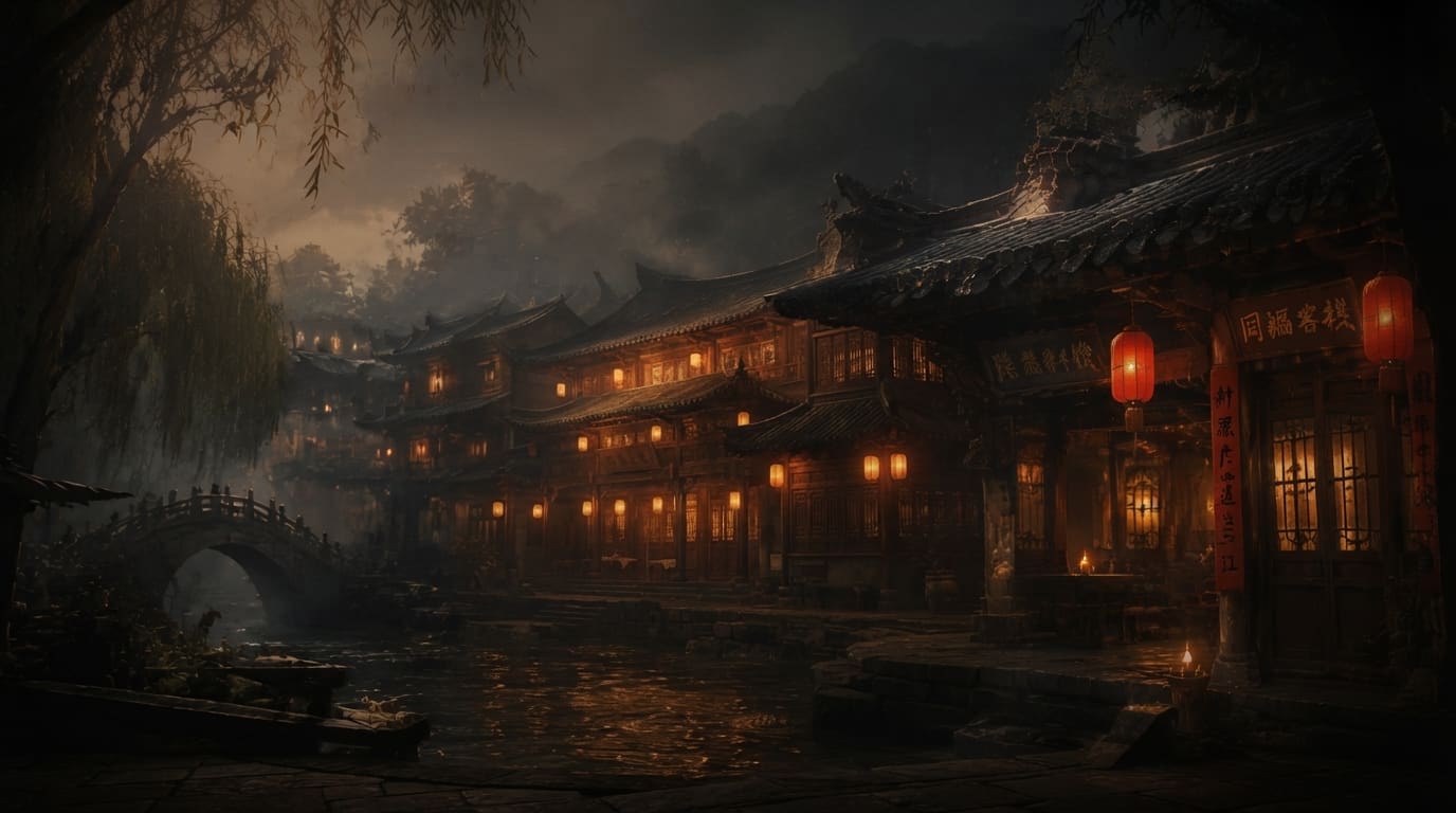 夜色中的七侠镇与亮灯的同福客栈
